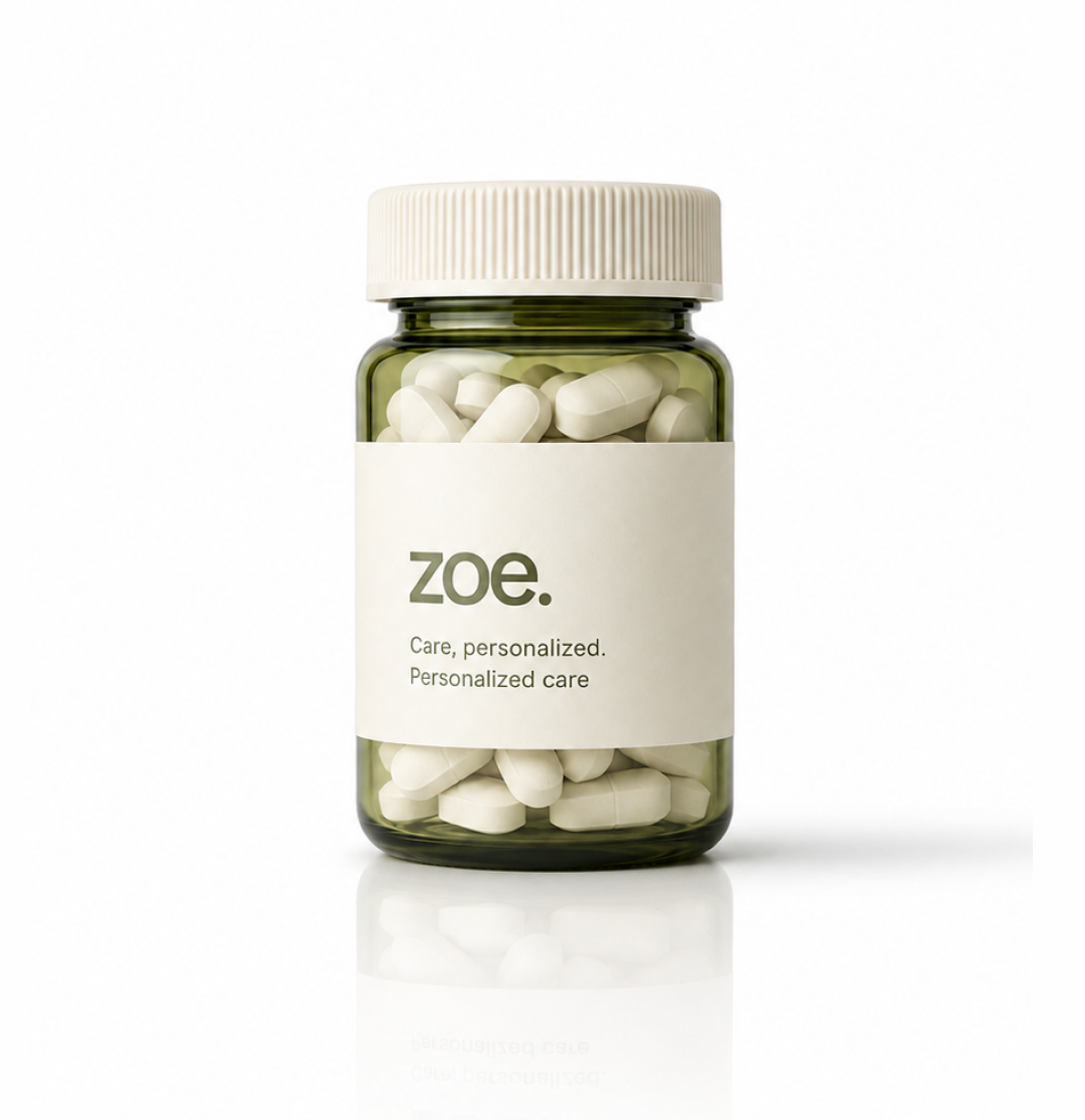 Zoe branded green bottle with tablets, centered against a clean white studio background